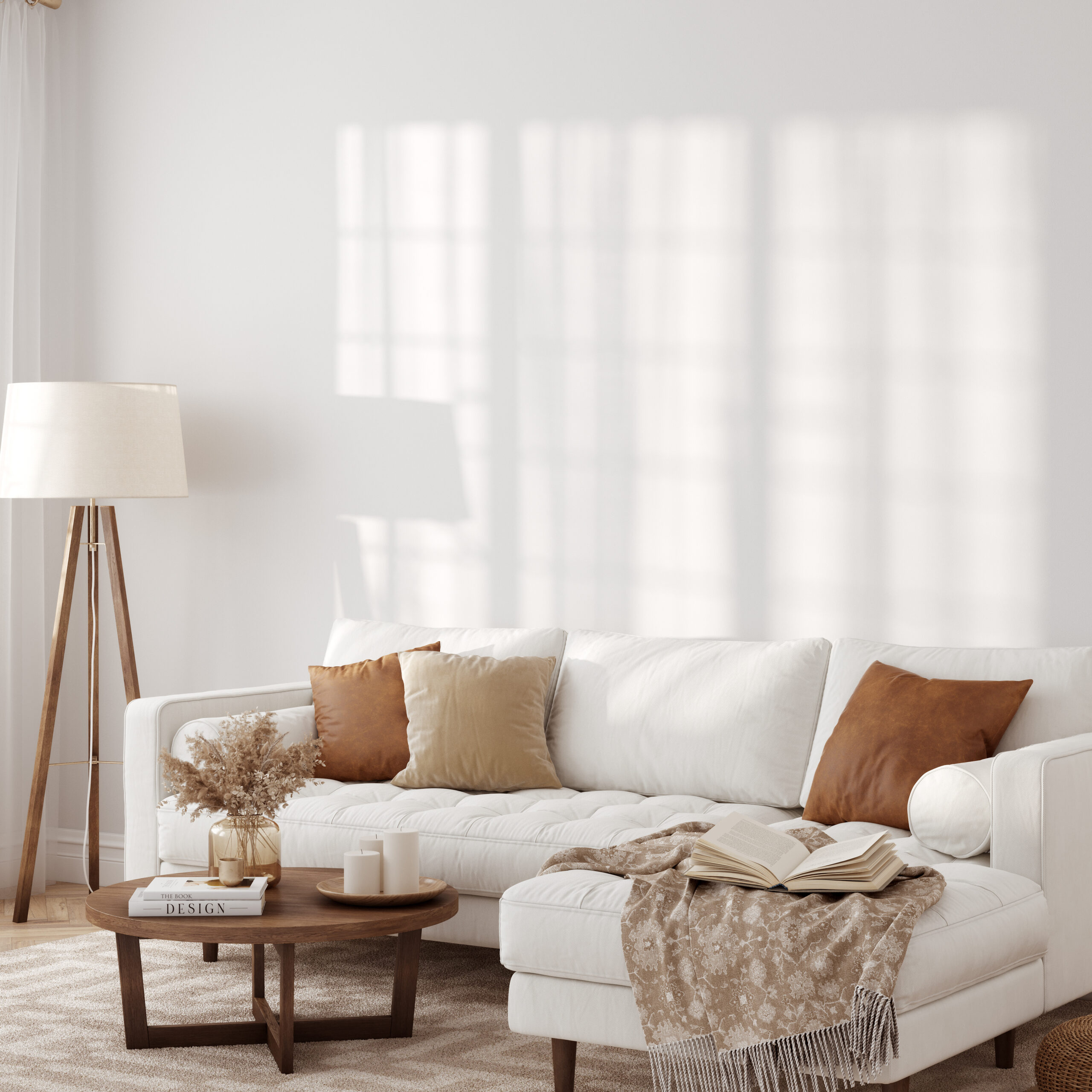Sunny interior. living room. Wall mockup. Wall art. 3d rendering, 3d illustration